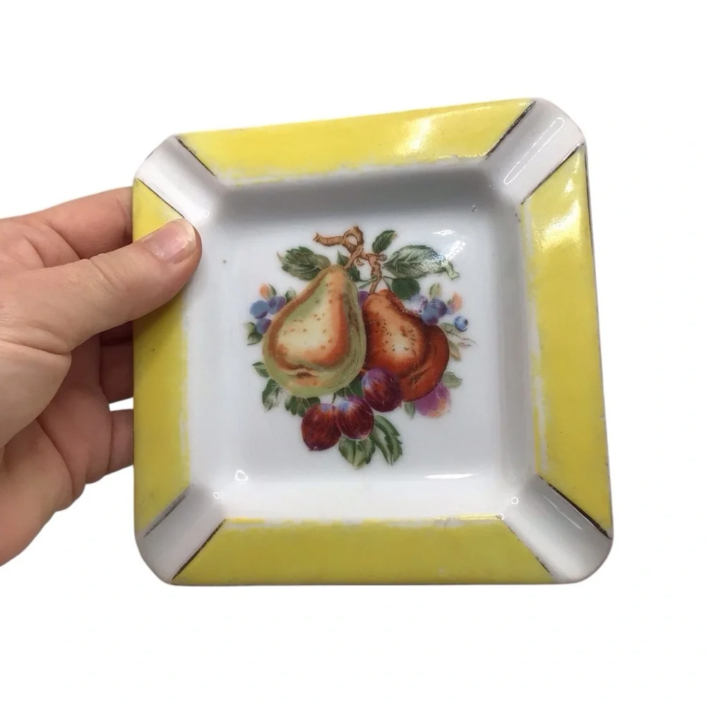 Vintage Japan Cherry China Porcelain Ashtray Fruit Pear Yellow Trim 5” Retro MCM